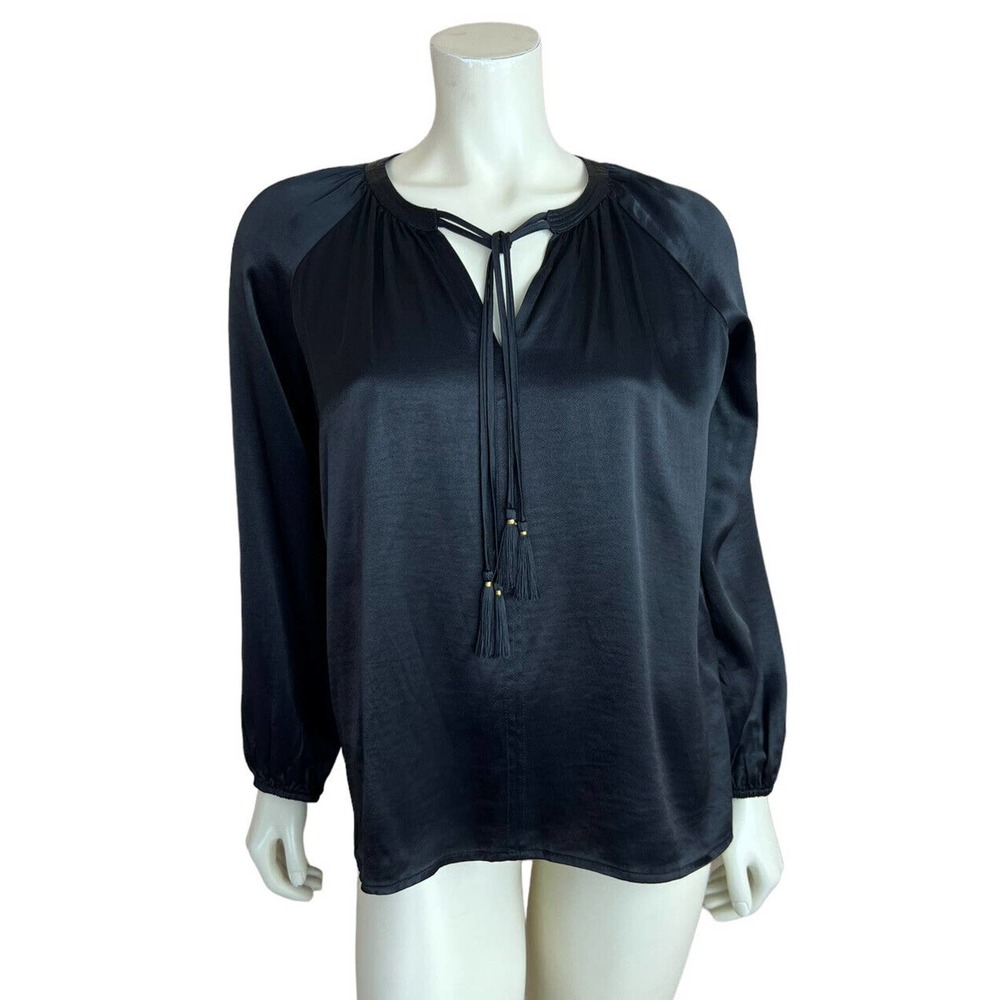 Johnny Was Calme Peasant Blouse XS Black Satin Tassel Split Neck Long Sleeve